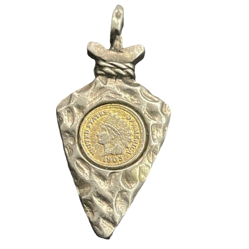 Vtg Handmade Silver Tone Arrowhead Pendant 1903 Indian Head Miniature Coin Inlay